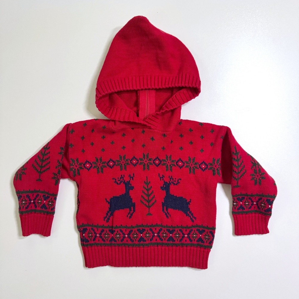 Vintage Hartstrings Sweater 24 Mos Red Fair Isle Nordic Hooded Zip Back Cotton